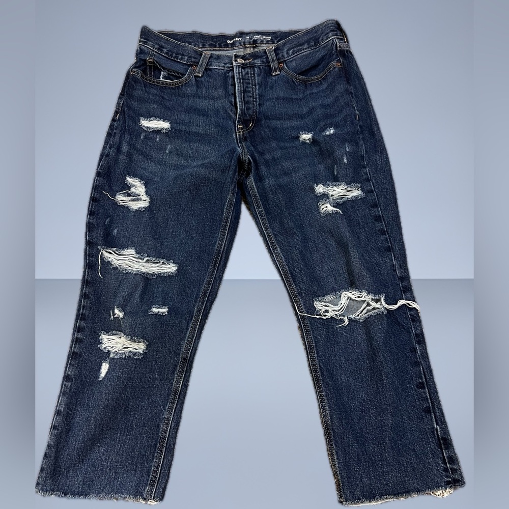 Old Navy Womens High Rise Slouchy Straight Leg Jeans Size 10 Button Fly Distress